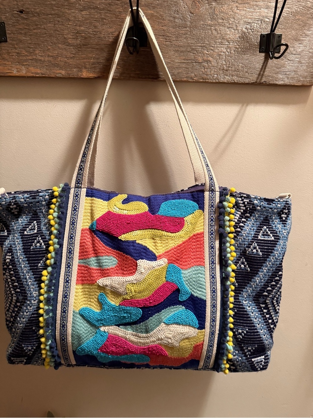 America and Beyond Embellished Sequins And Beads Blue Pink And Yellow Zip Tote